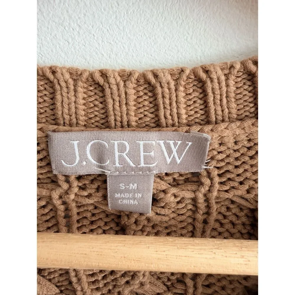 J.Crew Re-Imagined Cable Knit Sweater S-M Camel Brown Side Slit Cotton Blend